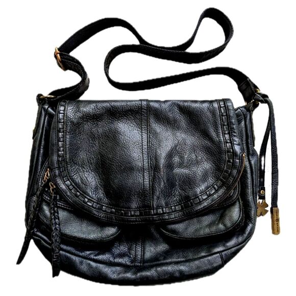LUCKY BRAND Black Leather "Modesto Stash" Flap Closure Saddle Crossbody Hobo Bag - Picture 1 of 15